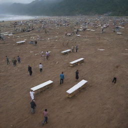 In the aftermath of the tsunami, a somber scene unfolds. The villagers carry coffins containing their lost loved ones, heading off to the local cemetery for a dignified farewell amidst the devastation