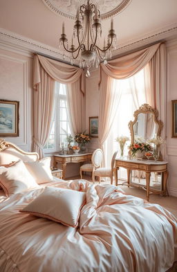 A lavish bedroom adorned in feminine luxury, featuring silk bedding in light pastel colors, plush velvet cushions, and an elegant chandelier