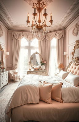 A lavish bedroom adorned in feminine luxury, featuring silk bedding in light pastel colors, plush velvet cushions, and an elegant chandelier