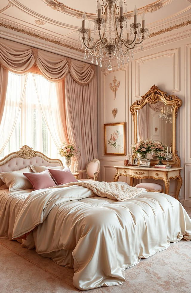 A lavish bedroom adorned in feminine luxury, featuring silk bedding in light pastel colors, plush velvet cushions, and an elegant chandelier