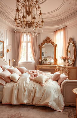 A lavish bedroom adorned in feminine luxury, featuring silk bedding in light pastel colors, plush velvet cushions, and an elegant chandelier