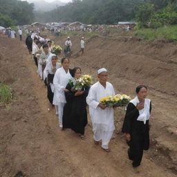 A solemn procession of villagers carry their deceased loved ones to a local cemetery, where they are gently laid to rest beneath the earth in the aftermath of the destructive tsunami