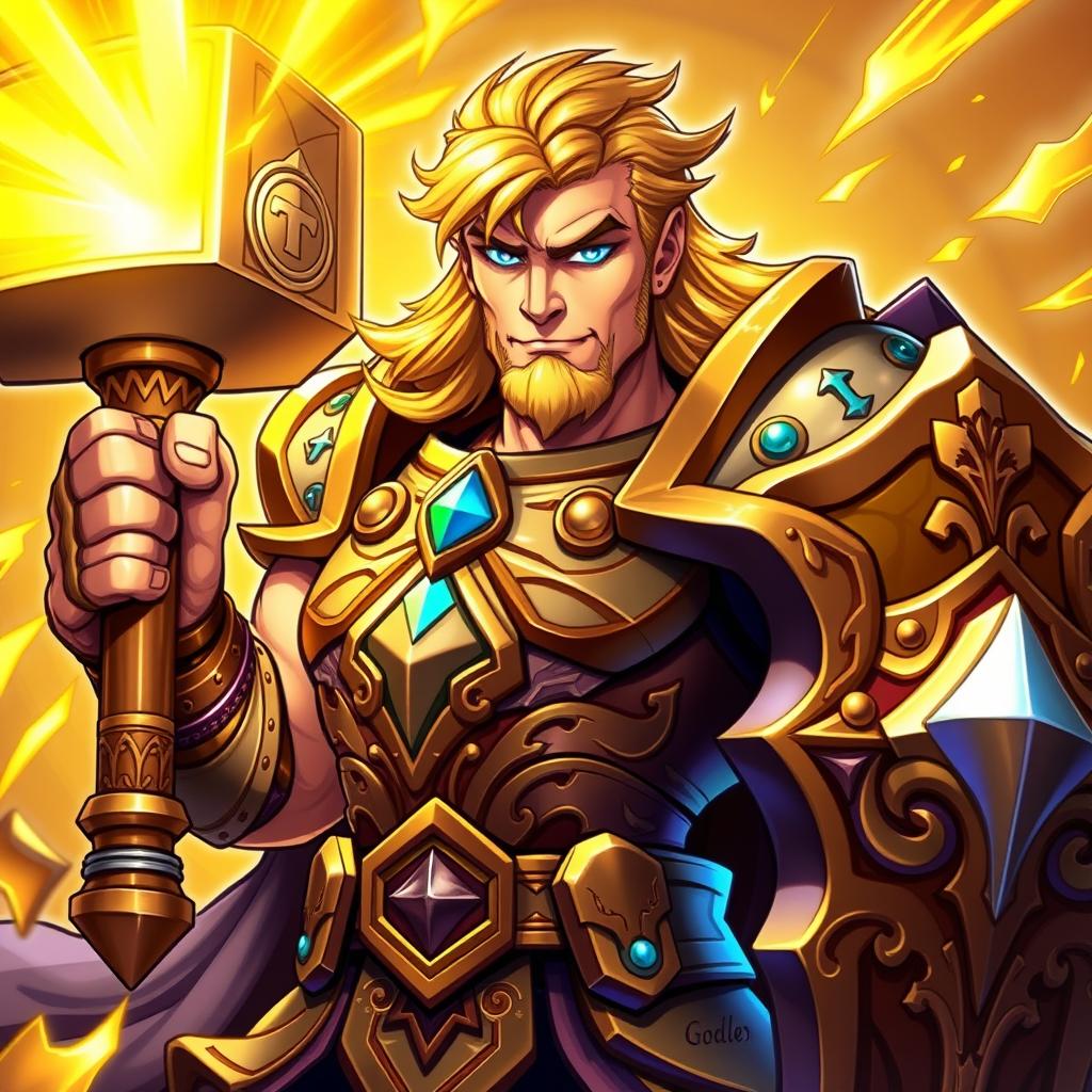 An illustration of a powerful paladin in the vibrant, dynamic style of Hearthstone