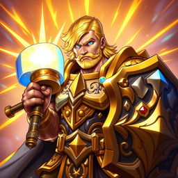 An illustration of a powerful paladin in the vibrant, dynamic style of Hearthstone