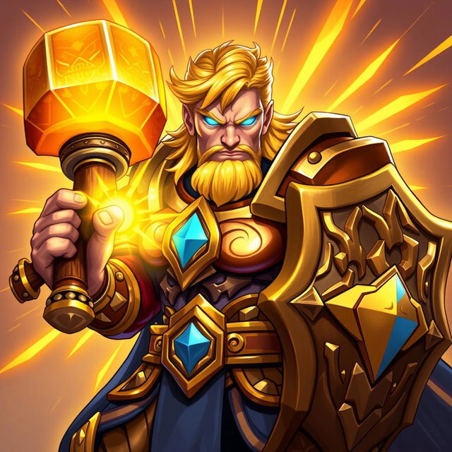 An illustration of a powerful paladin in the vibrant, dynamic style of Hearthstone