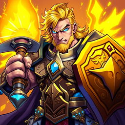 An illustration of a powerful paladin in the vibrant, dynamic style of Hearthstone