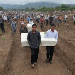 A solemn procession of villagers carry their deceased loved ones to a local cemetery, where they are gently laid to rest beneath the earth in the aftermath of the destructive tsunami