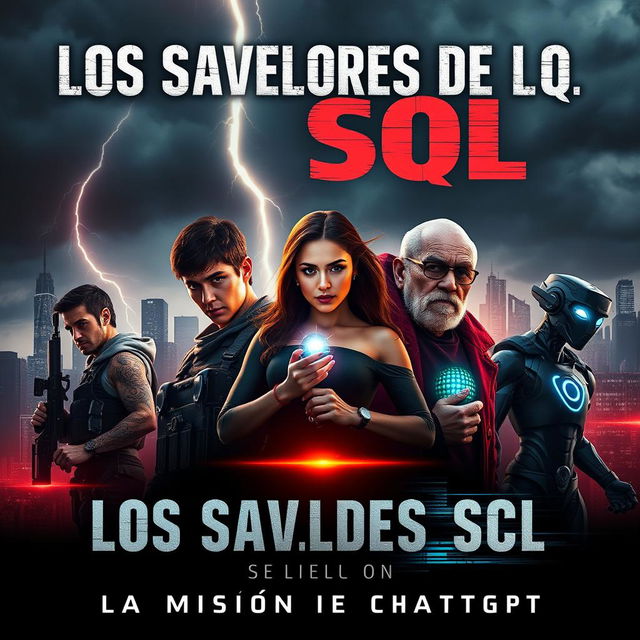 A thrilling movie poster featuring the action-horror theme titled "Los Salvadores de SQL: La Misión de ChatGPT