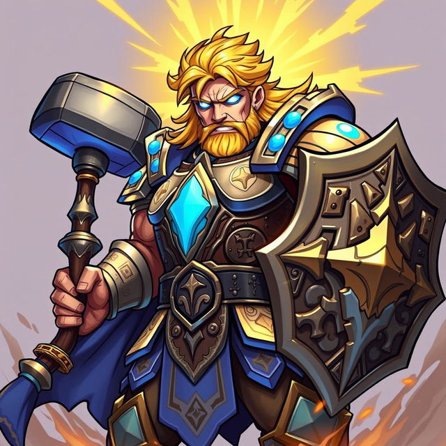 An illustration of a powerful paladin in the distinctive style of Hearthstone, featuring bold, dynamic lines