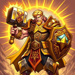 An illustration of a powerful paladin in the distinctive style of Hearthstone, featuring bold, dynamic lines