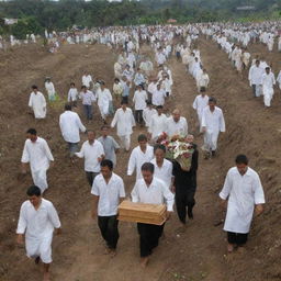 A solemn procession of villagers carry their deceased loved ones to a local cemetery, where they are gently laid to rest beneath the earth in the aftermath of the destructive tsunami