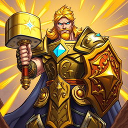 An illustration of a powerful paladin in the distinctive style of Hearthstone, featuring bold, dynamic lines