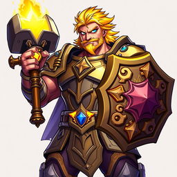 An illustration of a powerful paladin in the iconic style of Hearthstone, featuring bold, dynamic lines that accentuate his heroic presence