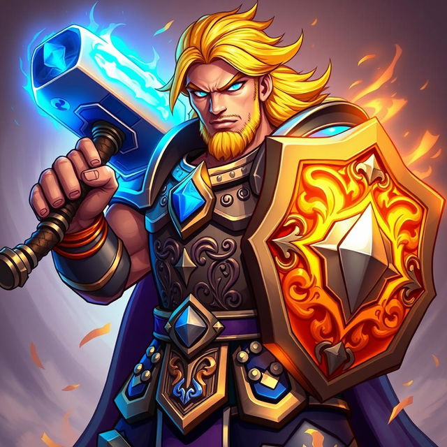 An illustration of a powerful paladin in the iconic style of Hearthstone, featuring bold, dynamic lines that accentuate his heroic presence