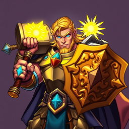 An illustration of a powerful paladin in the iconic style of Hearthstone, featuring bold, dynamic lines that accentuate his heroic presence