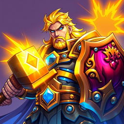 An illustration of a powerful paladin in the iconic style of Hearthstone, featuring bold, dynamic lines that accentuate his heroic presence