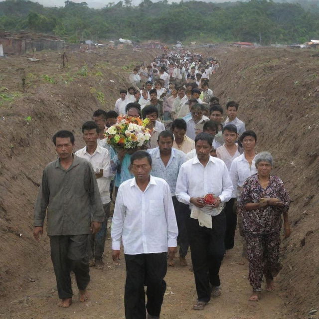 A solemn procession of villagers carry their deceased loved ones to a local cemetery, where they are gently laid to rest beneath the earth in the aftermath of the destructive tsunami