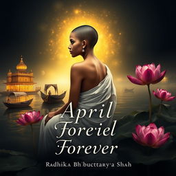 A captivating book cover featuring a slender woman with a tonsured head, elegantly draped in a white sari with one shoulder exposed