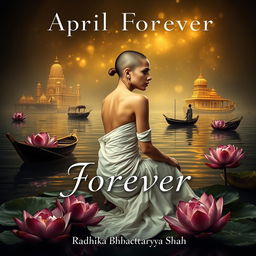 A captivating book cover featuring a slender woman with a tonsured head, elegantly draped in a white sari with one shoulder exposed