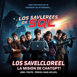 A thrilling movie poster for a youth action horror film titled "Los Salvadores de SQL: La Misión de ChatGPT"