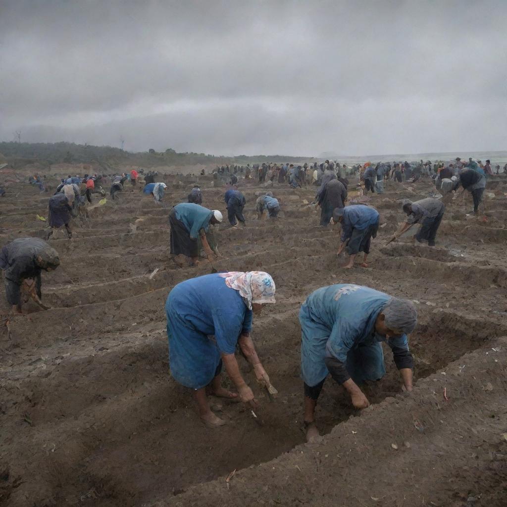 Under gray skies, villagers are seen digging graves in the local cemetery. Their faces are etched with grief but also resolution, as they work together in the aftermath of the devastating tsunami