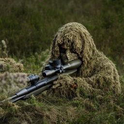 A stealthy sniper blended into his surroundings with a Ghillie suit, concealed further by a chilling skeleton face mask.