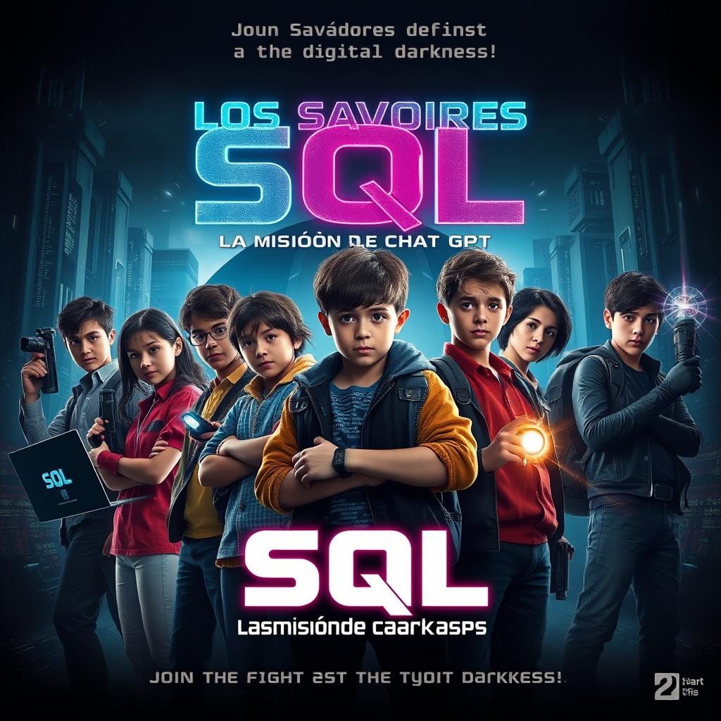 A thrilling movie poster for a youth action horror film titled "Los Salvadores de SQL: La Misión de ChatGPT"