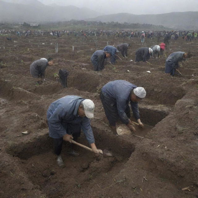 Under gray skies, villagers are seen digging graves in the local cemetery. Their faces are etched with grief but also resolution, as they work together in the aftermath of the devastating tsunami