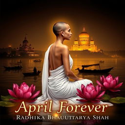 A mystical book cover featuring a slender woman with a tonsured head, gracefully sitting on the banks of the Ganges River at night