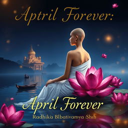 A mystical book cover featuring a slender woman with a tonsured head, gracefully sitting on the banks of the Ganges River at night