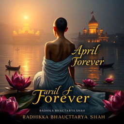 A mystical book cover featuring a slender woman with a tonsured head, gracefully sitting on the banks of the Ganges River at night