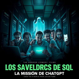A thrilling movie poster for a horror-comedy film titled "Los Salvadores de SQL: La Misión de ChatGPT"
