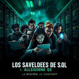 A thrilling movie poster for a horror-comedy film titled "Los Salvadores de SQL: La Misión de ChatGPT"