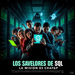 A thrilling movie poster for a horror-comedy film titled "Los Salvadores de SQL: La Misión de ChatGPT"