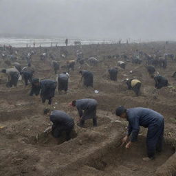 Under gray skies, villagers are seen digging graves in the local cemetery. Their faces are etched with grief but also resolution, as they work together in the aftermath of the devastating tsunami