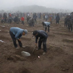 Under gray skies, villagers are seen digging graves in the local cemetery. Their faces are etched with grief but also resolution, as they work together in the aftermath of the devastating tsunami