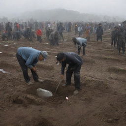 Under gray skies, villagers are seen digging graves in the local cemetery. Their faces are etched with grief but also resolution, as they work together in the aftermath of the devastating tsunami