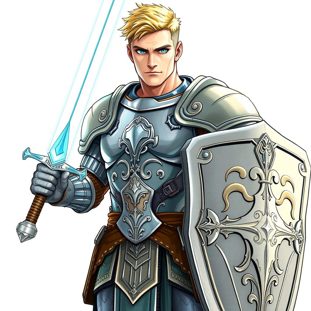 An illustration of a handsome human paladin from Dungeons & Dragons, portrayed in a detailed drawing style