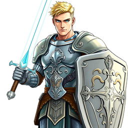 An illustration of a handsome human paladin from Dungeons & Dragons, portrayed in a detailed drawing style