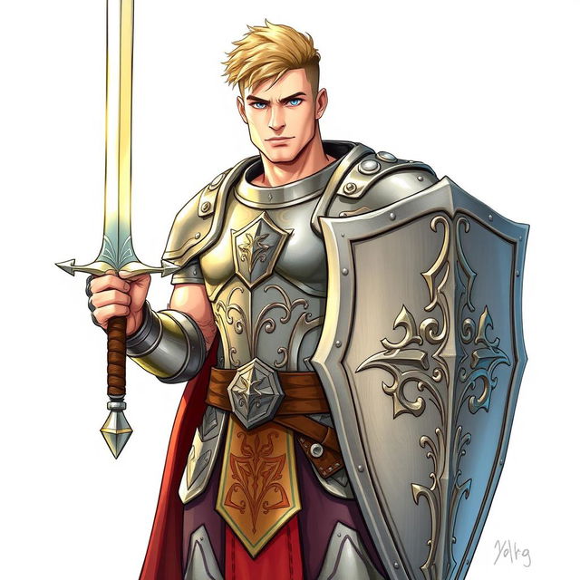 An illustration of a handsome human paladin from Dungeons & Dragons, portrayed in a detailed drawing style