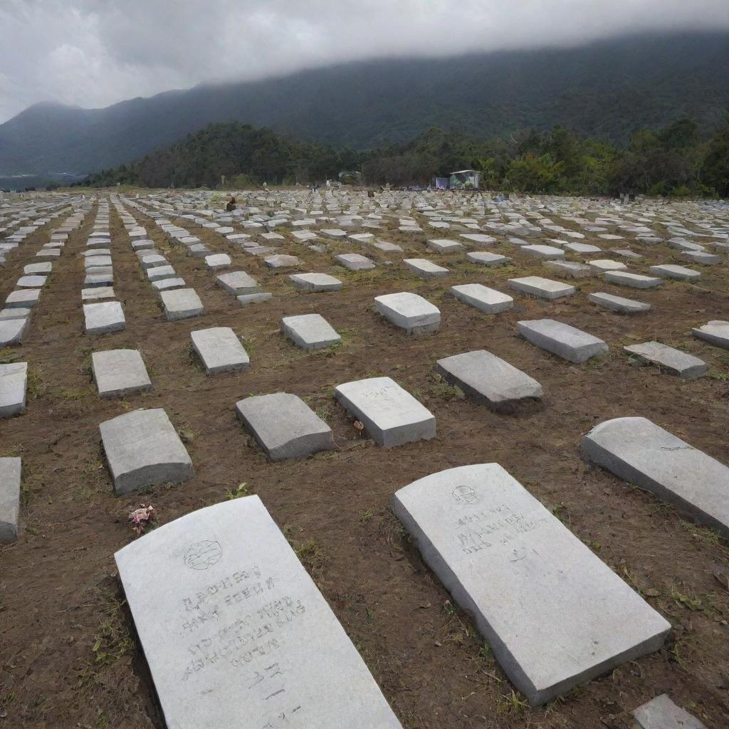 All the deceased villagers are lovingly laid to rest in their graves, marked by stone gravestones - a somber, yet dignified scene of collective mourning and resilience after the devastating tsunami