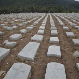 All the deceased villagers are lovingly laid to rest in their graves, marked by stone gravestones - a somber, yet dignified scene of collective mourning and resilience after the devastating tsunami