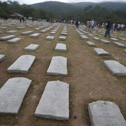 All the deceased villagers are lovingly laid to rest in their graves, marked by stone gravestones - a somber, yet dignified scene of collective mourning and resilience after the devastating tsunami