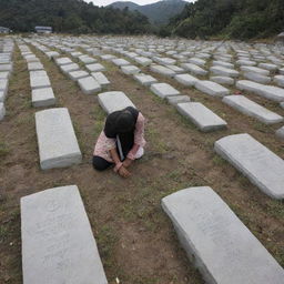 All the deceased villagers are lovingly laid to rest in their graves, marked by stone gravestones - a somber, yet dignified scene of collective mourning and resilience after the devastating tsunami