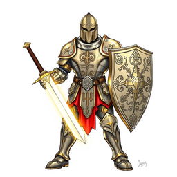 An illustration of a powerful human paladin from Dungeons & Dragons, depicted in a detailed drawing style