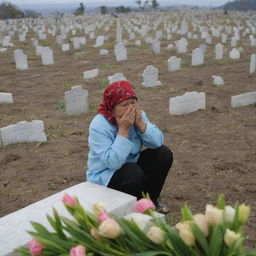 The cemetery is filled with the sounds of shared sorrow as all the villagers cry, mourning their loss. The scene captures the raw emotion of the community, overwhelmed with grief after the tsunami disaster