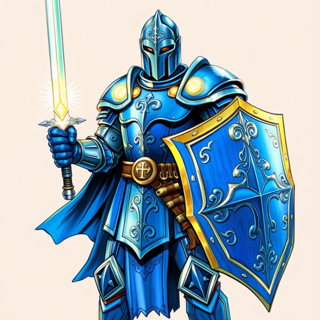 An illustration of a powerful human paladin from Dungeons & Dragons, depicted in a detailed drawing style