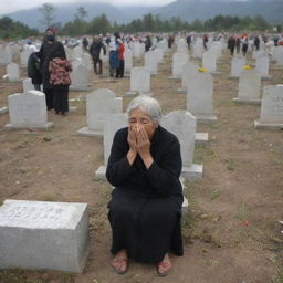 The cemetery is filled with the sounds of shared sorrow as all the villagers cry, mourning their loss. The scene captures the raw emotion of the community, overwhelmed with grief after the tsunami disaster