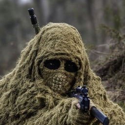 A stealthy sniper blended into his surroundings with a Ghillie suit, concealed further by a chilling skeleton face mask.