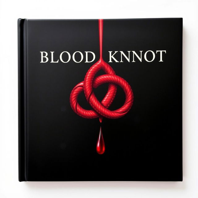 A striking book cover featuring a prominent 'blood knot' symbol, intricately designed with a deep crimson color